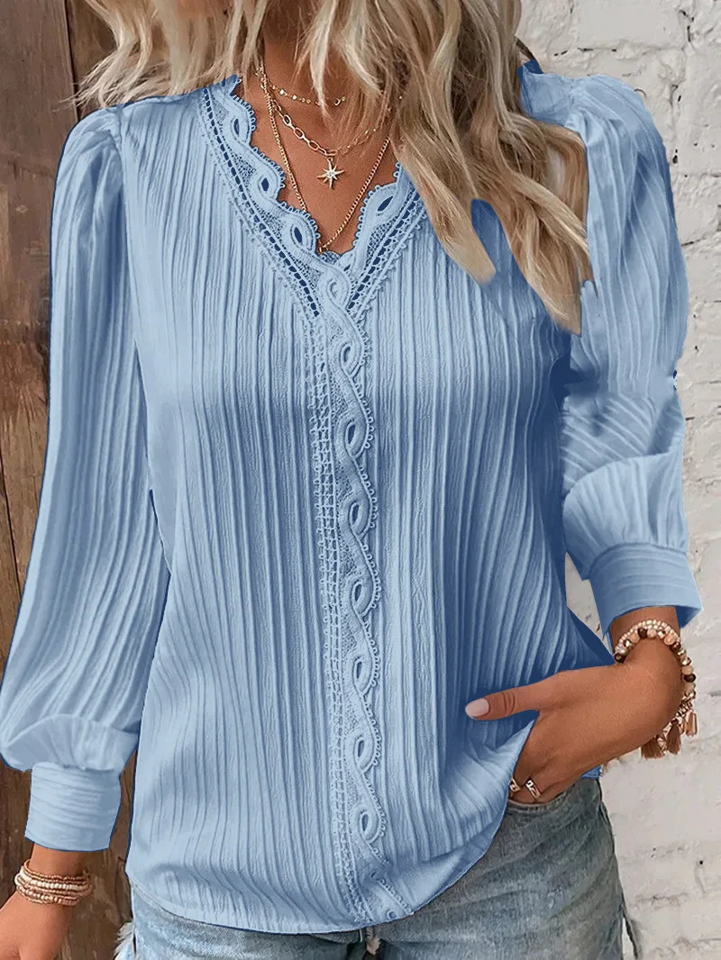 Elegant Summer Hollow Lace Patchwork Women Shirt Chic Blouse V Neck Long Sleeve Plain Casual Basic Regular Tops 241121