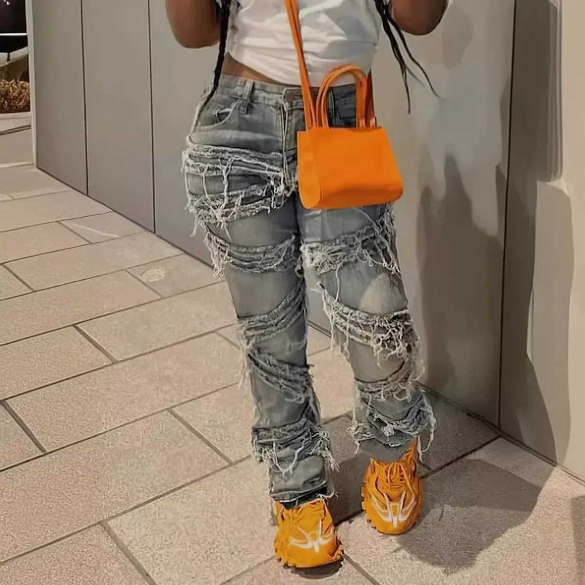 Women's Jeans Strt tear wash patch work fringe jeans from Europe and the United States womens autumn new fashion casual straight bucket long jean