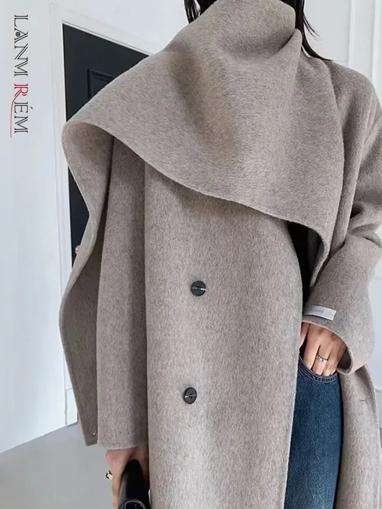 LANMREM Shawl Scarf Collar Wool Coat For Women Doublebreasted Solid Color Doublesided Woolen Belt Coats Winter 2R4921 241129