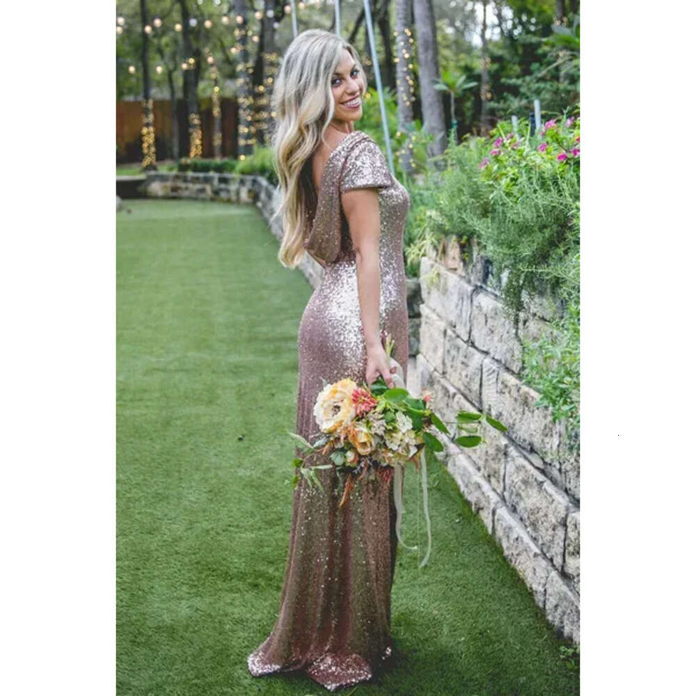Bridesmaid Custom Sparkly Made Bling Rose Gold Sequins Mermaid Two Pieces Prom Gowns Backless Country Beach Party Dresses Bm