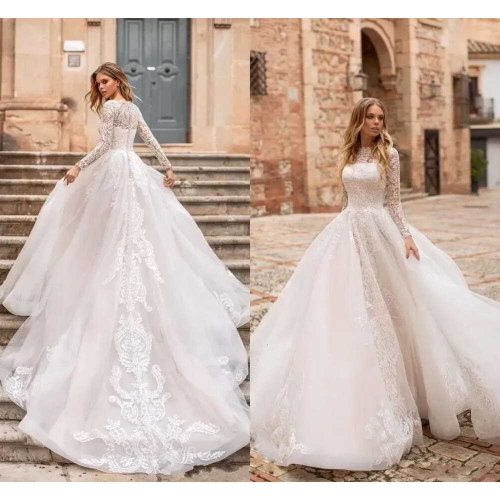 With Elegant A Line Tulle Gown Lace Appliques Sheer Long Sleevescourt Train Button Details Bridal Gowns Bc S
