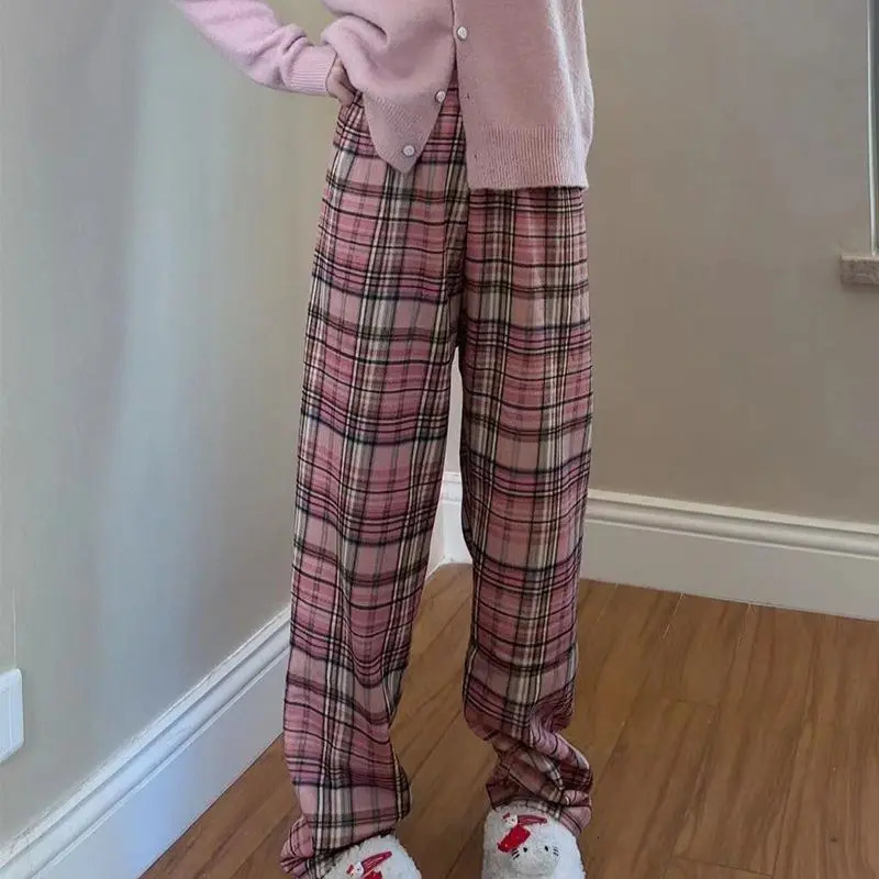 Padded Thickened Wide Leg Pants Winter LambswoolPlaid Female High Waist Casual Straight 241125