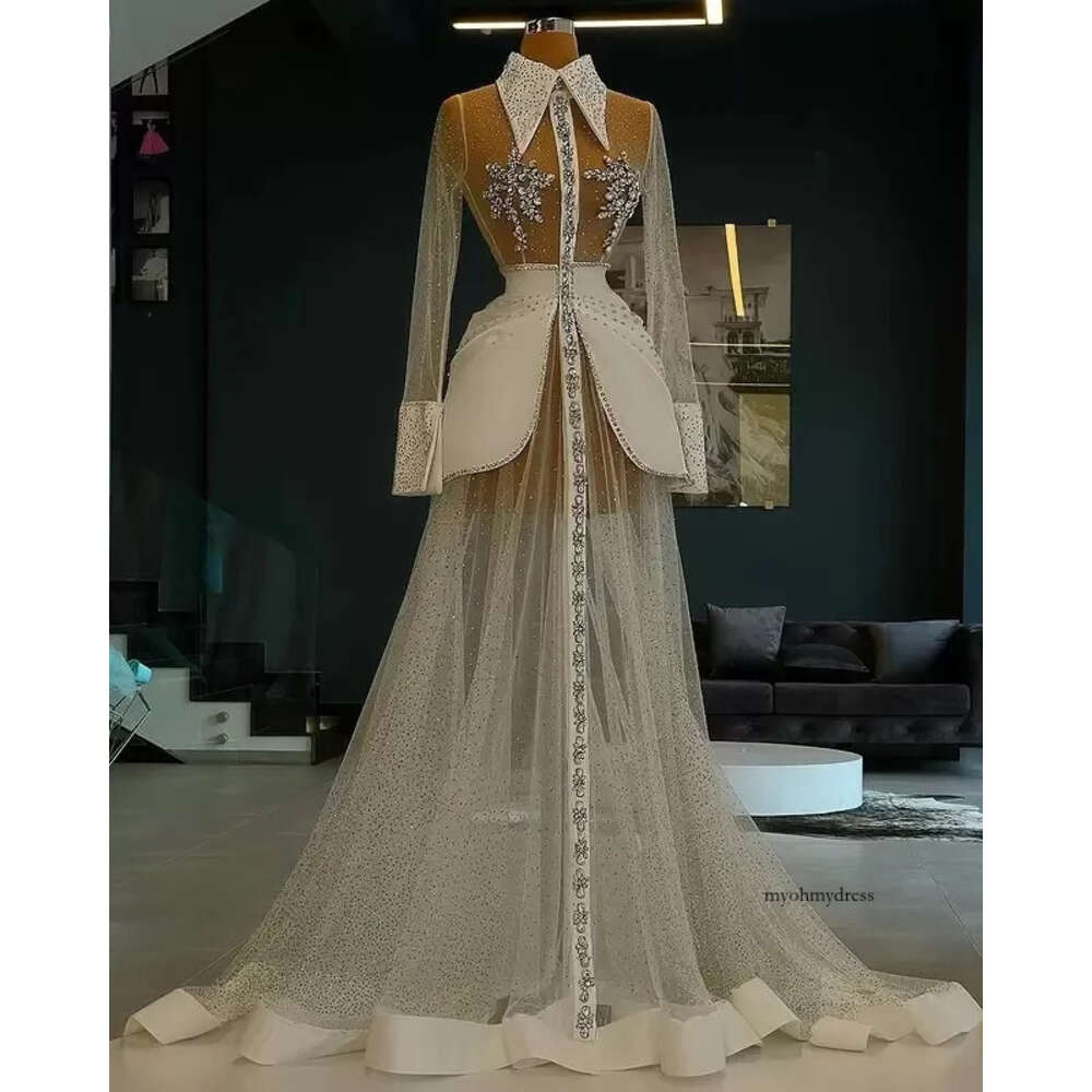Glitter See Through Tulle Formal Evening Dresses 2022 With Long Sleeves Beaded Sexy Plus Size Celebrity Prom Pageant Gowns 0431