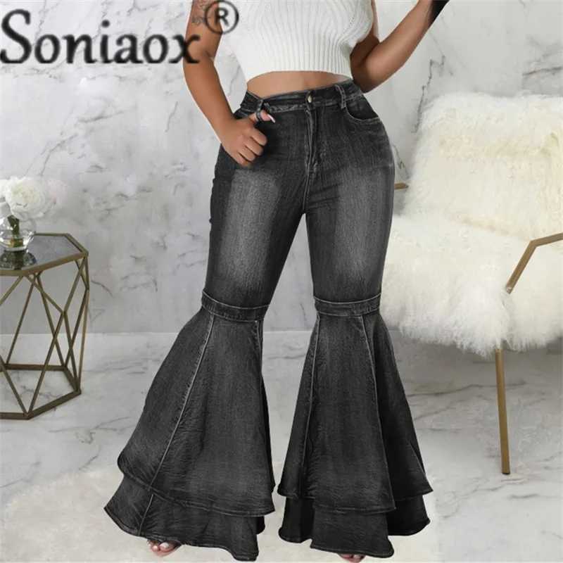 Women's Jeans Fashionable Splicing Layer Flared Jeans Womens High Waist Comfortable Commuting Jeans Womens Casual Stretch Wide Legs Trouser H2411