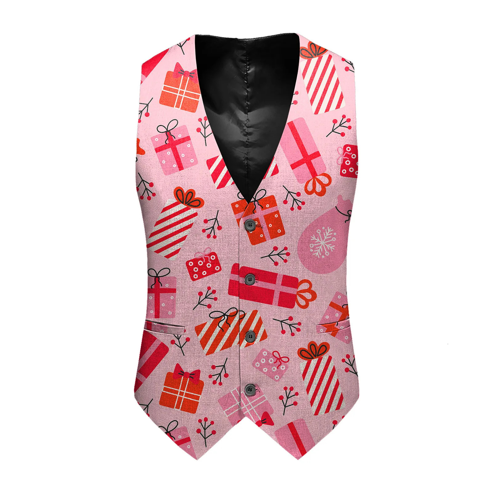 Xmas Print Christmas Green Banquet Vest Fashion Party Waistcoat For Men Single Breasted Clothing 2023 Family Costume 241129