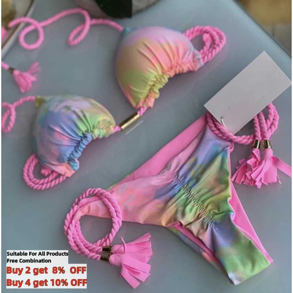 Women's Swimwear Wholesal Bikini Set 14 Solid Colors) S-XL Hand Braided Rope Swimsuit Two Piece Swimwear Lanyard Bathing Suit Beachwear H241130