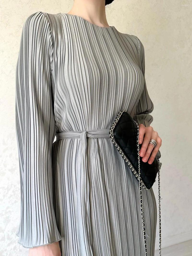 Maxi Dress Women , Round Neck Elegant Flare Long Sleeve Pleated Slim Casual Dresses For Office Streetwear