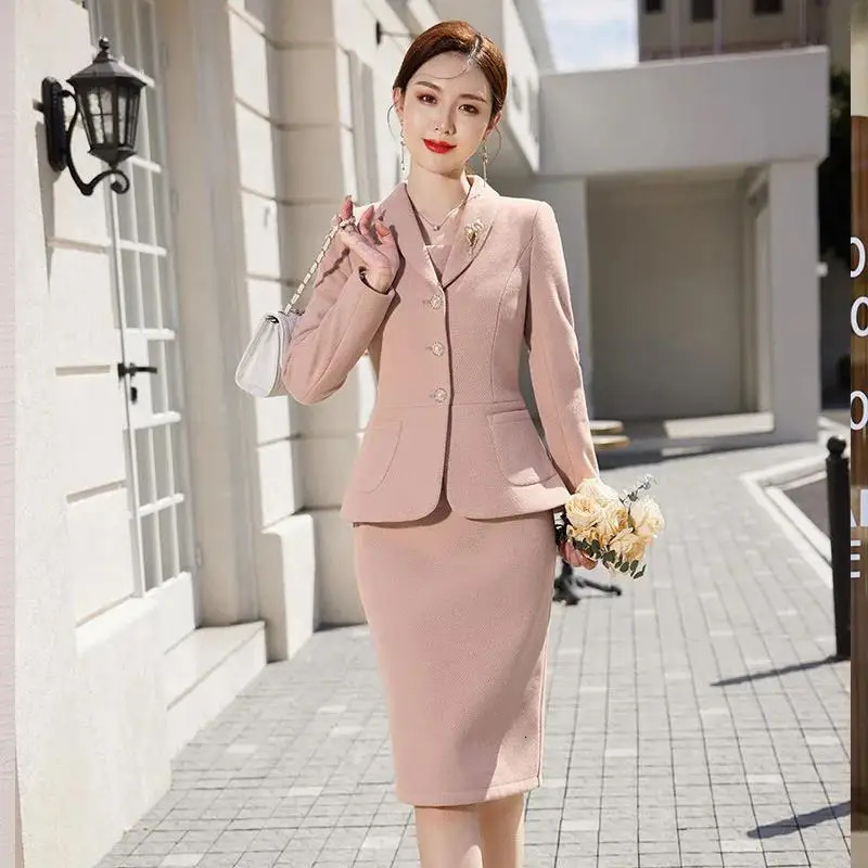 2023 Autumn Work Wear Womens Suit Elegant Solid Blazer Sleeveless Dress 2 Piece Set Single Breasted Jacket Plus Size S5XL 241129