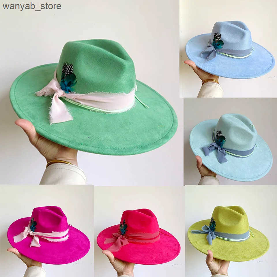 Wide Brim Hats Bucket Hats Suede 2024 new peacock feather accessories peach heart top 9.5cm hat brim mens and womens jazz hat fedora sombrero L240910