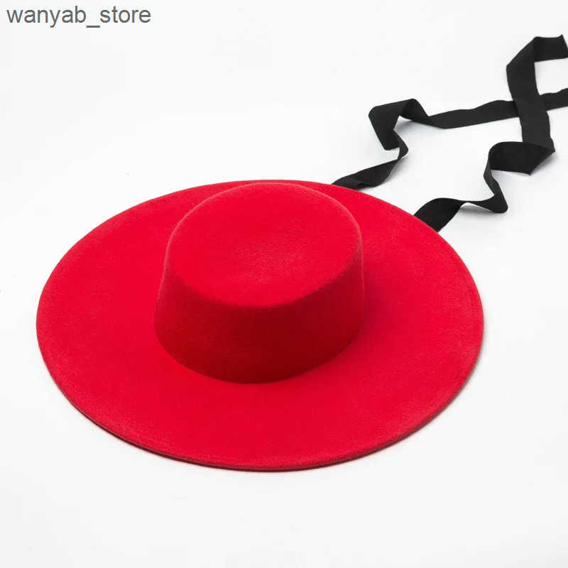 Wide Brim Hats Bucket Hats New fashion simple woolen top hat ladies wool felt bandage flat hat L240910