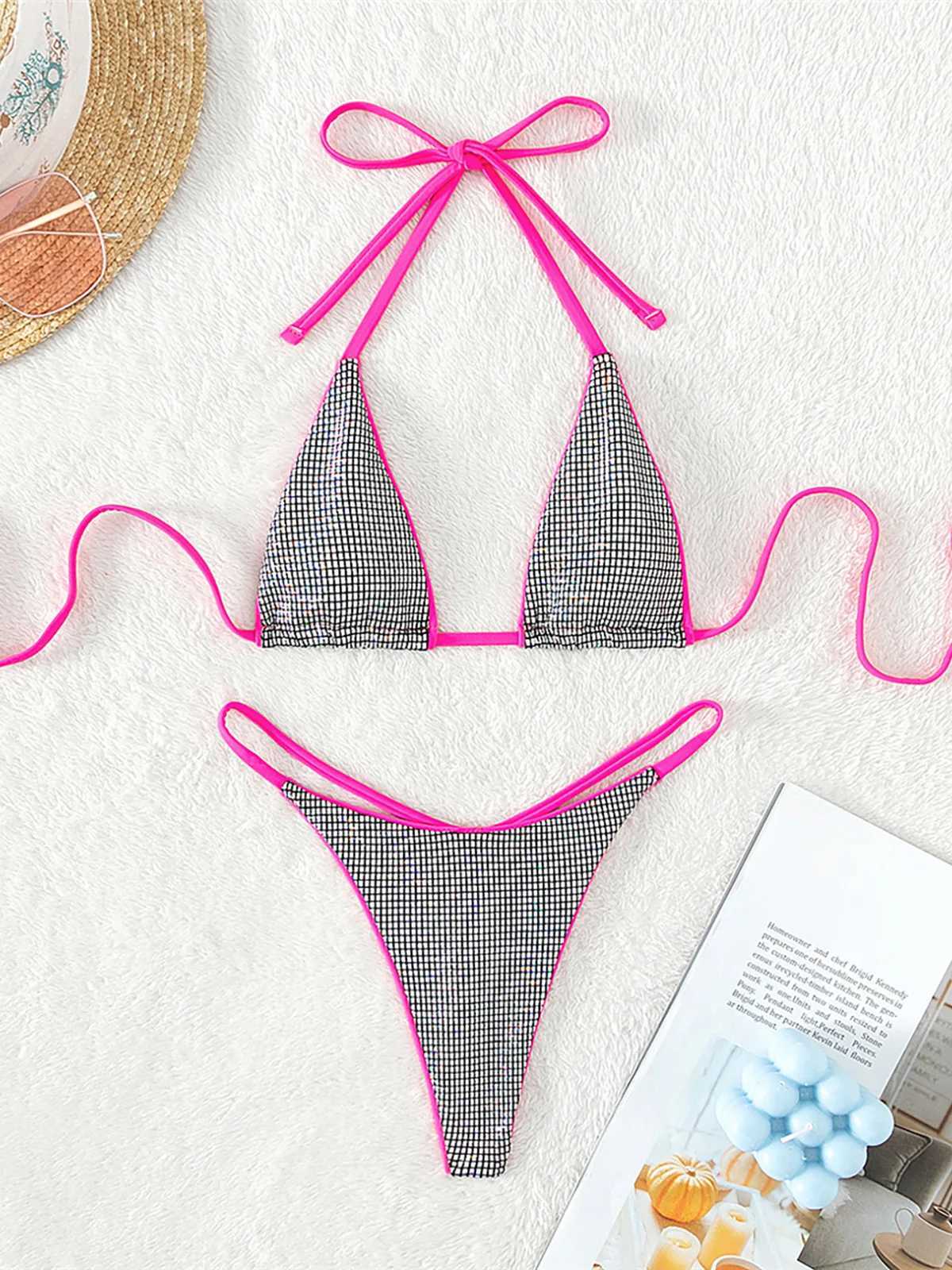 Women's Swimwear Extreme Mini Micro Thong Halter Plaid Bikini Female Swimsuit Women Swimwear Two-pieces Bikini set Bather Bathing Suit Swim K5084