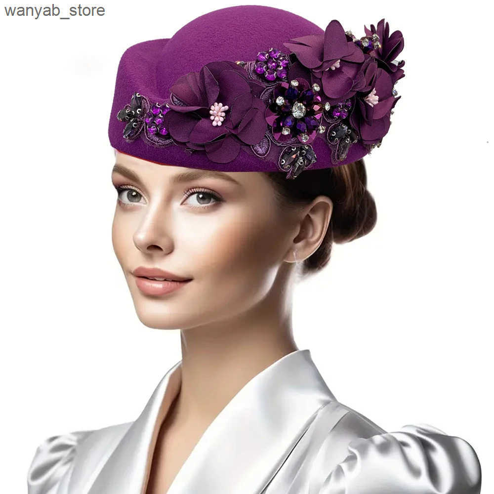 Berets Vintage Felt Turban Hat For Women Church Derby Fascinator With Flower Ladies Soft Beret Caps For party Airline Stewardess Hat L240910
