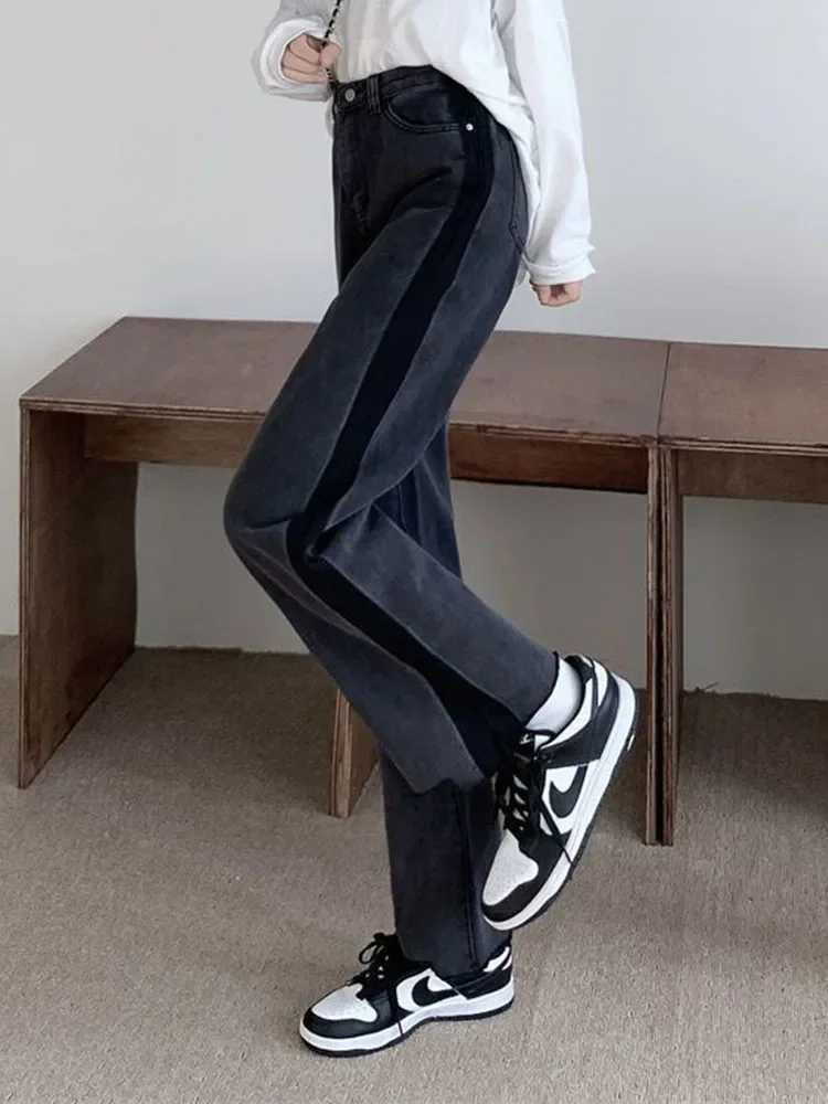 Women's Jeans Ankle Length New High Waist Side Stripe Straight Jeans Womens Baggy Big Size 5XL Wide Leg Jeans Spring from South Korea H241130