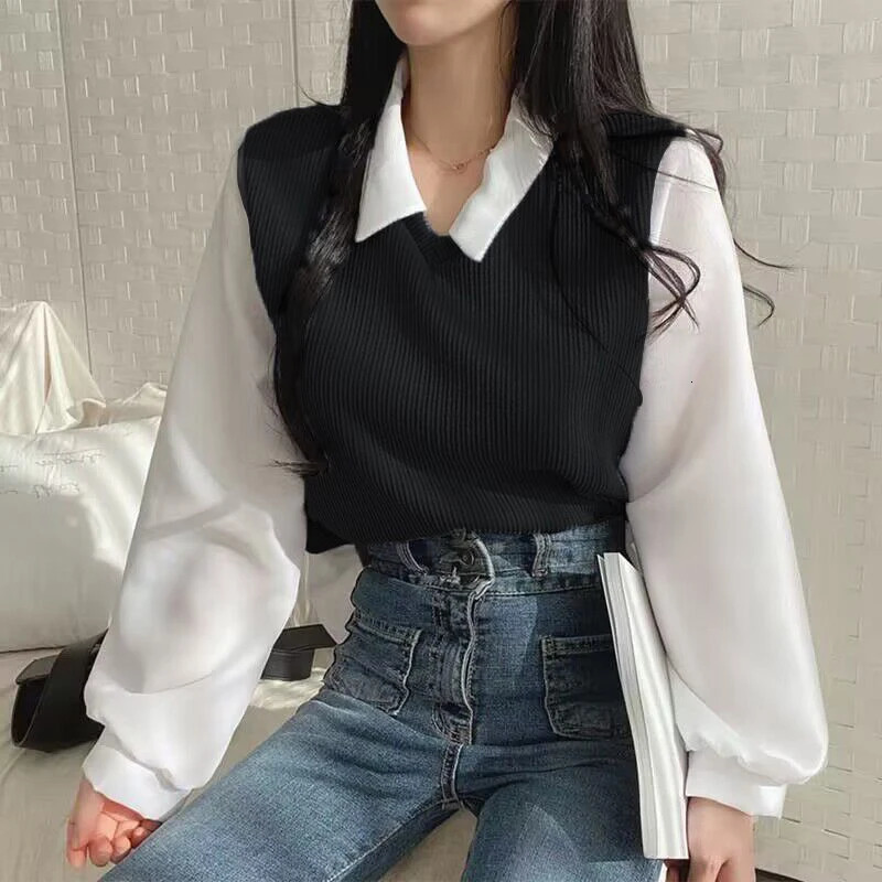 Y2k Sweet Women Shirts False Twopiece Loose Female Casual Blouse Korean Preppy Style Chic Ladies Autumn Tops 241121