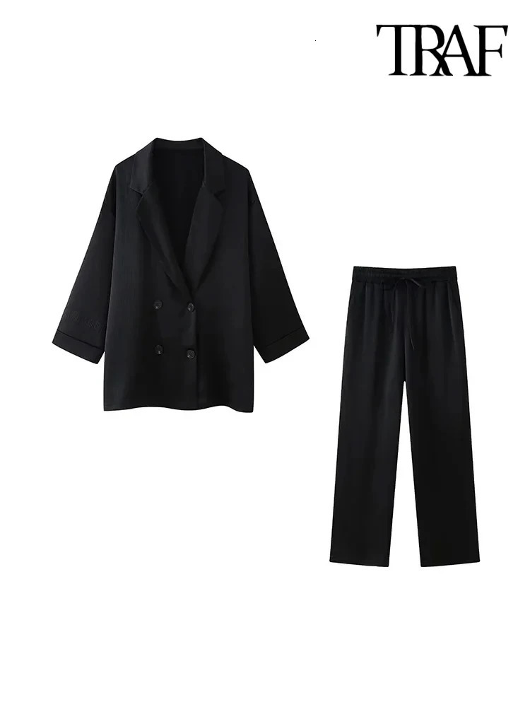 TRAFWomens DoubleBreasted Loose Blazer Coat and High Elastic Waist Wide Leg Pants Female Two Piece Sets Fashion 241129