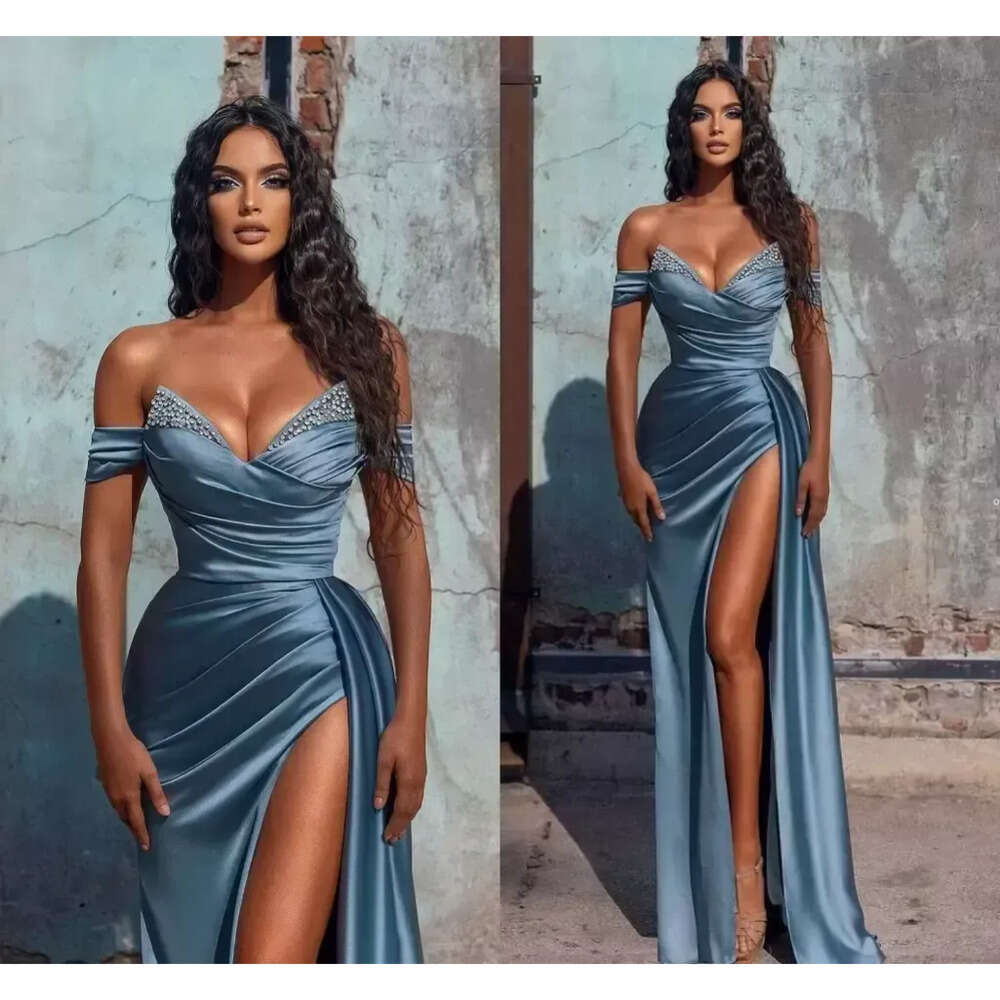Dress Off Sexy Prom Blue Shoulder Formal Evening Party Gown High Size Split Satin Brdemaid Dresses Custom Made Bc Es 6660306