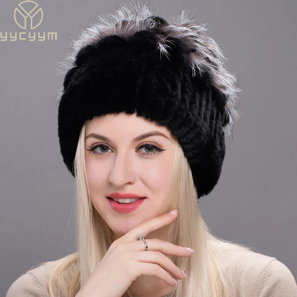 Russia Winter Real Fur Beanies Hat Women 100 Genuine Rex Rabbit Good Elastic Knitted Caps 241125