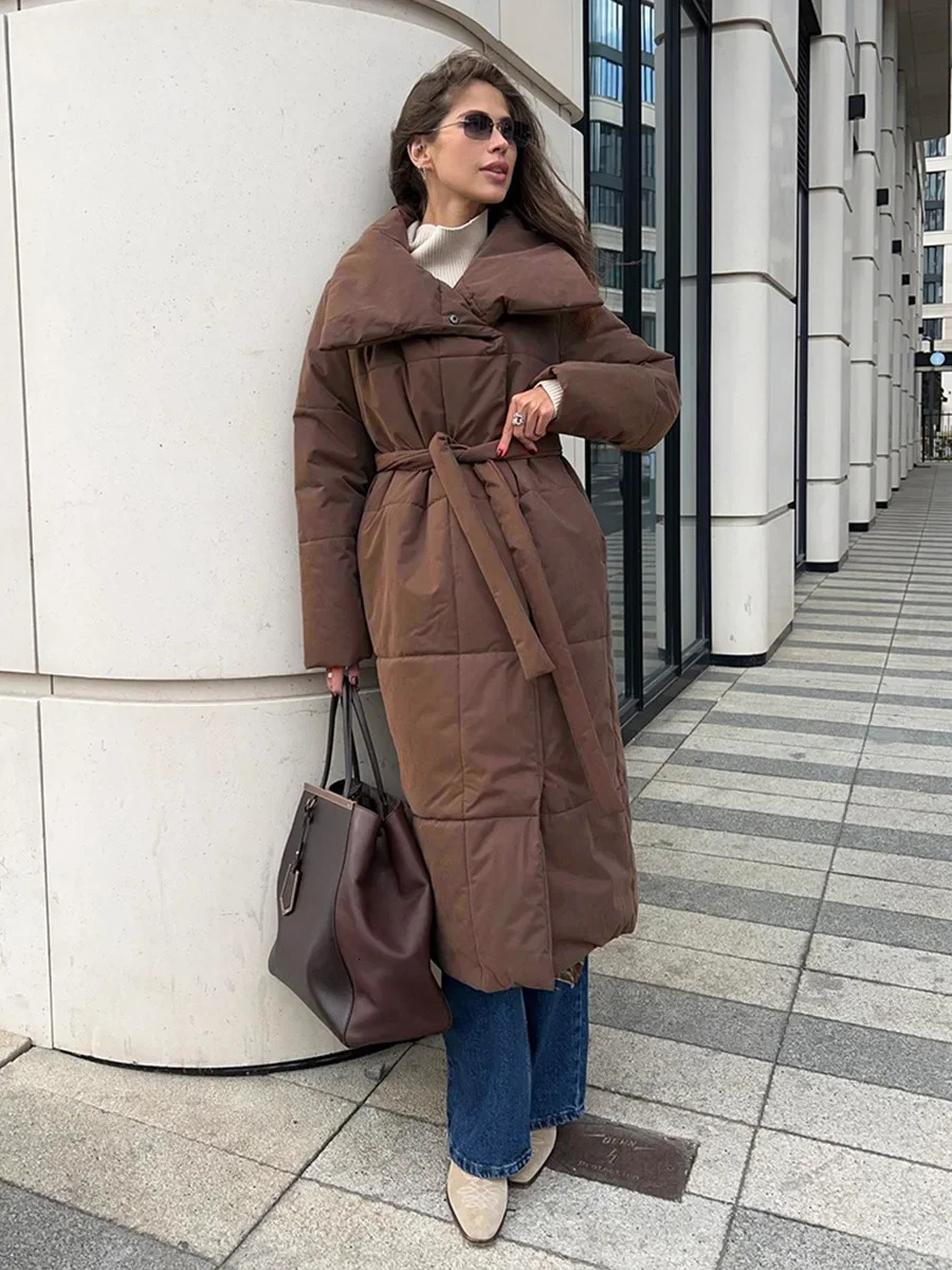 Bornladie Loose Quilted Jackets Parkas Winter Coats Oversized Warm Long Belt Puffer Ladies Cotton Padded Jacket 241125