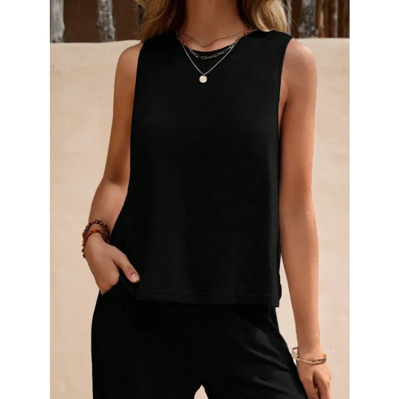 2 Piece Set Summer Womens Sleeveless Ruffle Tank Top and High Waist Wide Leg Pants Casual Loose Solid Color 241129