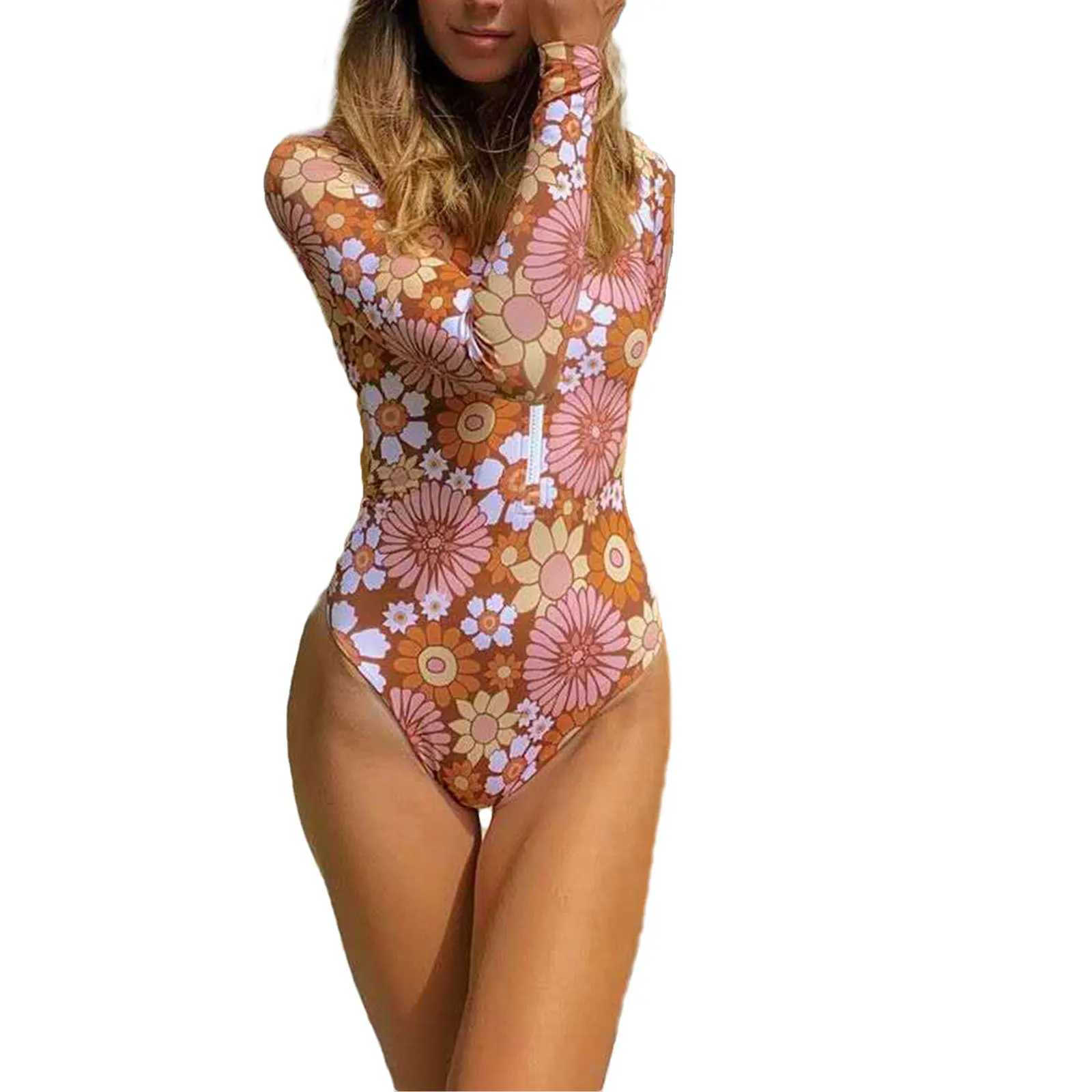 Women's Swimwear Womens Long Sleve Flower Single Piece Swimsuit Fashion Zipper Swimsuit Fashion Swimsuit Womens Swimsuit Beach Wear H241130
