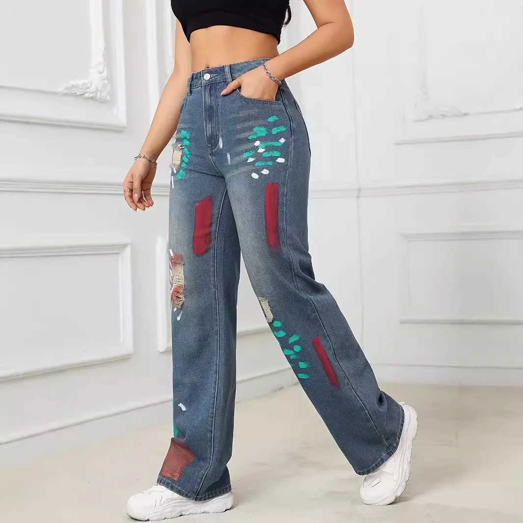 Women's Jeans American retro loose casual high waisted long jeans womens spring and summer new graffiti torn straight leg jeans H241130
