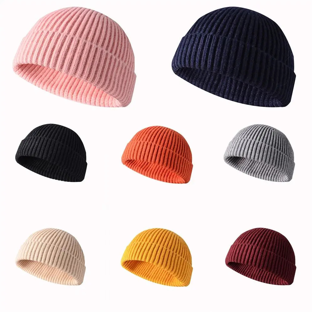 1Pcs Classic Cuff Beanie Knit Hat Slouchy Skull Ski Cap Retro Rollup Edge Plain Winter Warm Hats for Men Women 241125