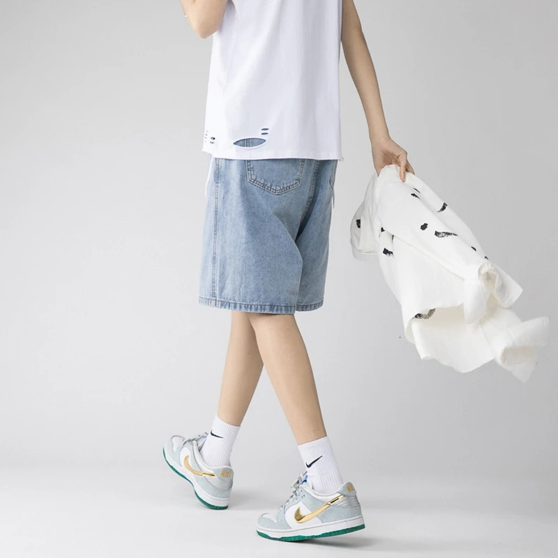 Summer Mens Baggy Straight Denim Shorts Korean Style Fashion Casual Loose Short Jeans Male Light Blue Black 240415