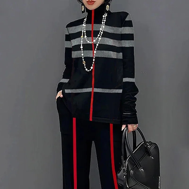 Yeezzi Womens Fashion Two Piece Sets Long Sleeves Loose Striped High Neck TShirts Waist Wide Leg Pants Suits 2024 241129