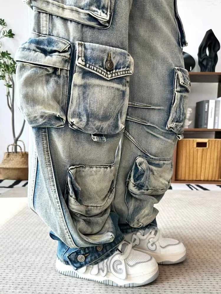 Women's Jeans Retro fashion womens gradient multi pocket jeans 2023 winter new high waisted button cargo denim pants womens 33A538 H241130