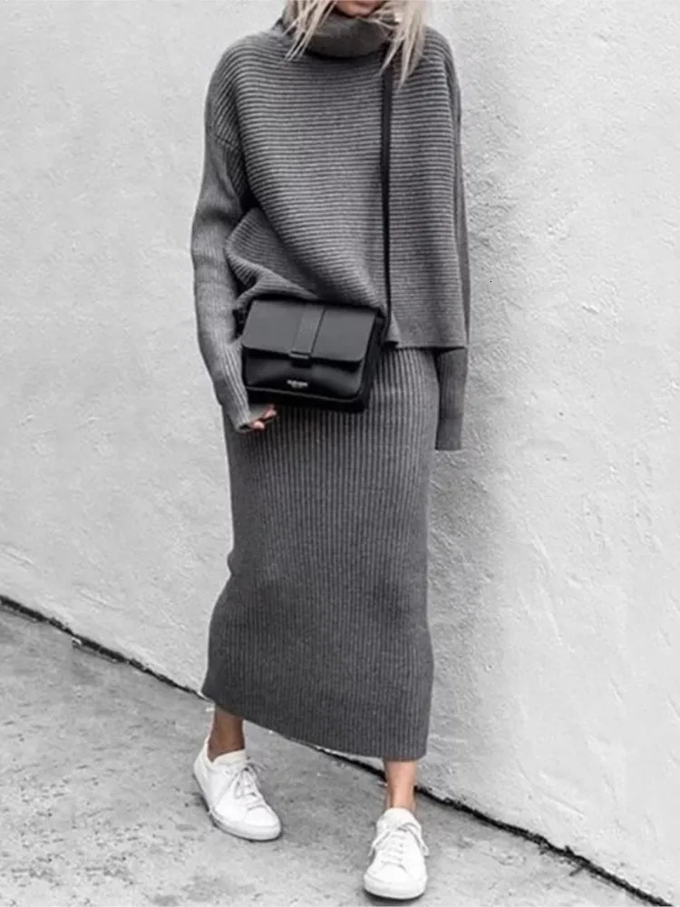 Solid Color Knitted Skirts Two Piece Set Women Winter Knitting Turtleneck Sweater Slim Skirt 2 Sets Lady Trendy Streetwear 241129