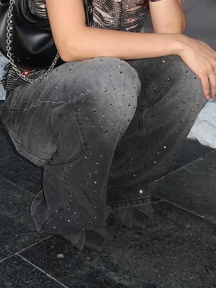 Women's Jeans Rockmore 2024 vintage womens jeans y2k with diamonds Distressed straight denim pants H241130