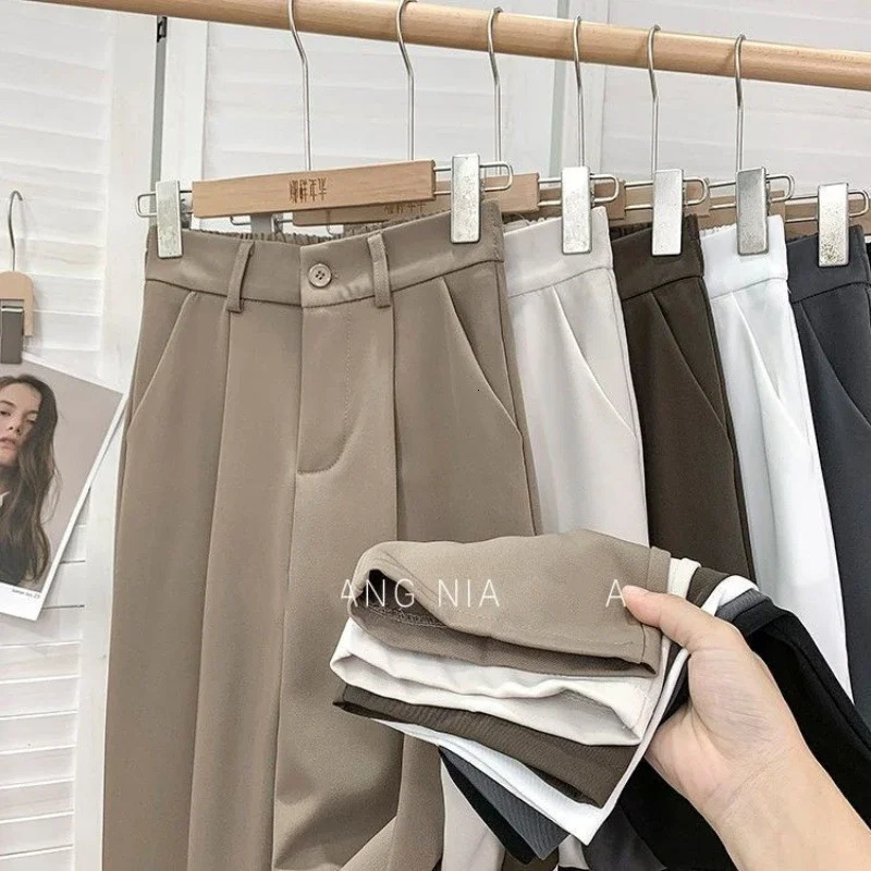 Fashion Elastic High Waist Pants Women Spring Casual Loose Solid Straight Trouser Office Ladies Work Nine Points Suit Pant 240430