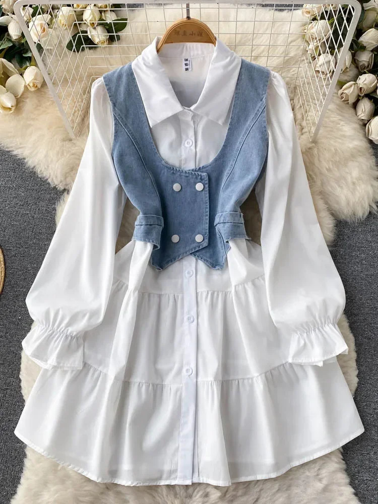 Women Spring Autumn Dress Sets Korean Temperament High Quality Elegant White Shirt Short Denim Vest Top Two D4770 241129