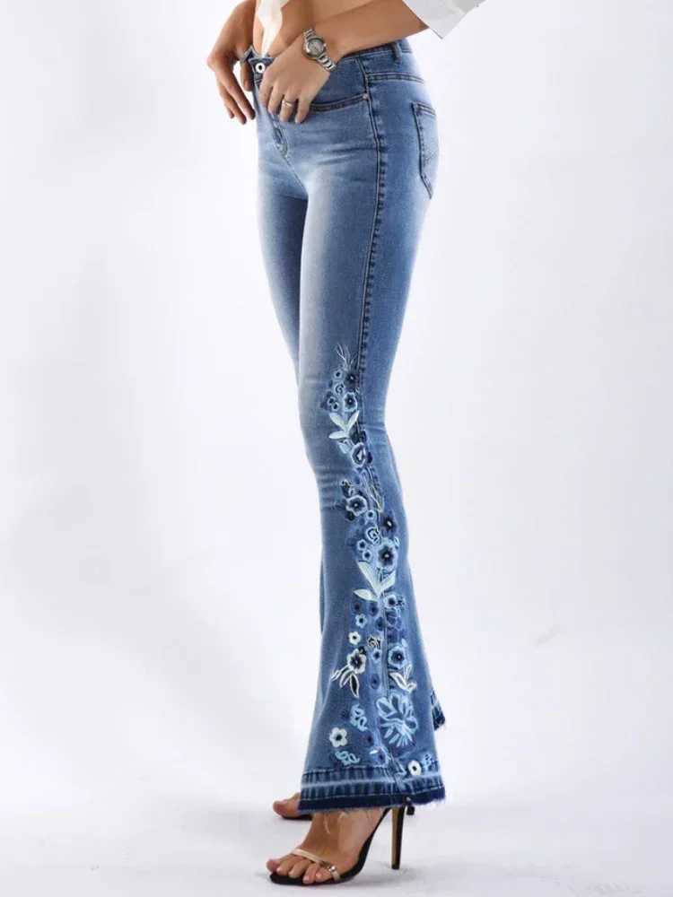 Women's Jeans European and American womens clothing denim flash pants embroidered denim spring autumn wide leg jeans womens pants H241130
