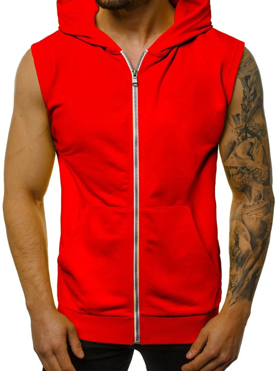 Wearing mens summer slim fashion fitness sports sleeveless vest hooded cardigan jacket trendy men 241129
