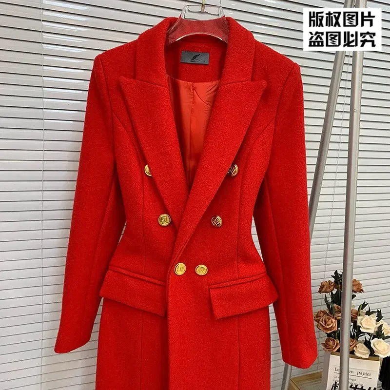 High end Temperament Red Suit Wool Coat Women Winter Clothes Korean Fashion Slim Fit Warm Long Clothing 241129