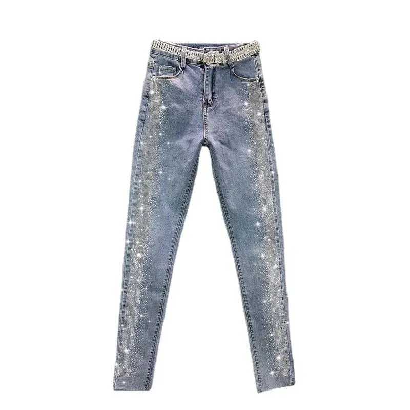 Women's Jeans Retro Blue Ultra Thin Diamond Denim Jeans New Womens Spring and Autumn Striped High Waist Mens Tights 5XL Large H241130