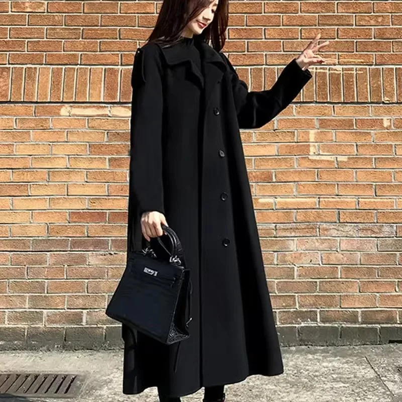 Autumn Winter Women Medium Long Styles Coat Female Thickening Sleeves Wool Blend Jacket Korean Ladies Loose Woolen Outwear 241129