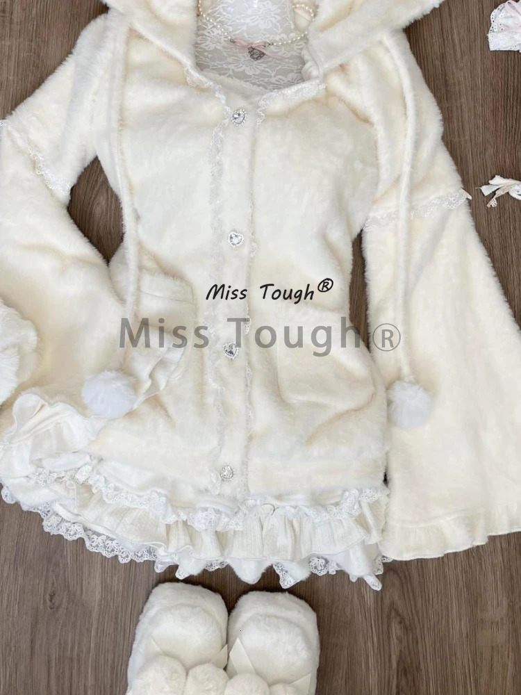 Winter Japanese Kawaii Solid 2piece Set Women n Sweet Long Sleeve Cute Hooded Coat Female High Waist Cake Skirt Suit 241129