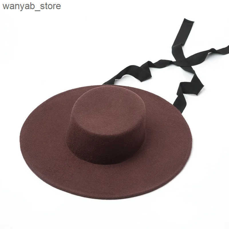 Wide Brim Hats Bucket Hats New fashion simple woolen top hat ladies wool felt bandage flat hat L240910