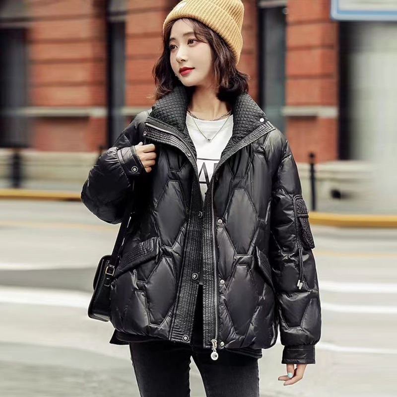 New white duck down short winter version, Korean loose and fashionable women's stand up collar versatile jacket, trendy designer cotton jacket