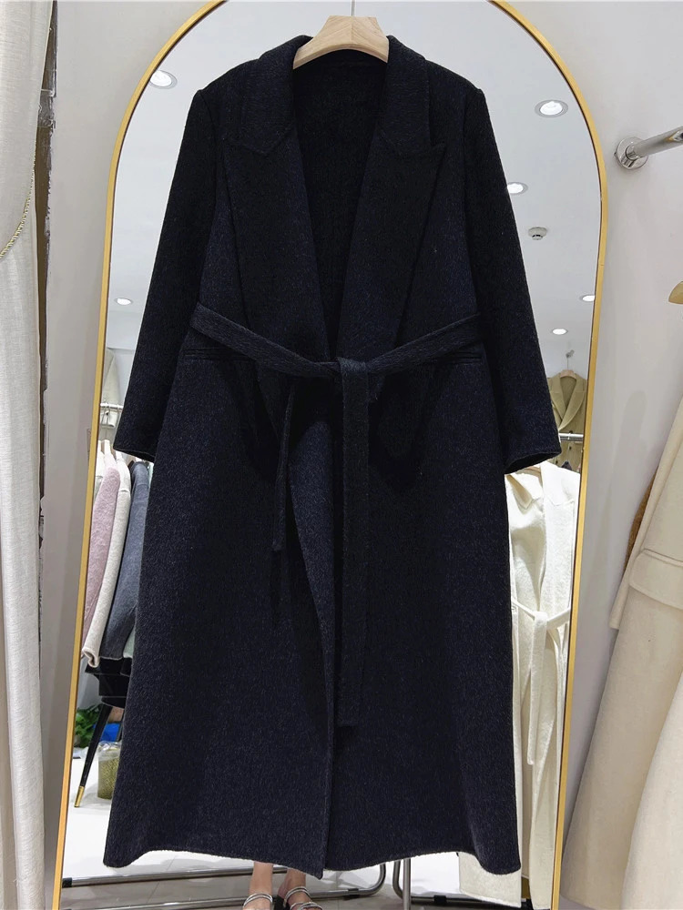 LANMREM Womens Belt Gathered Waist Wool Coats Notched Long Sleeve Office Lady Warm Female Outwear 2024 Winter 26C1186 241129