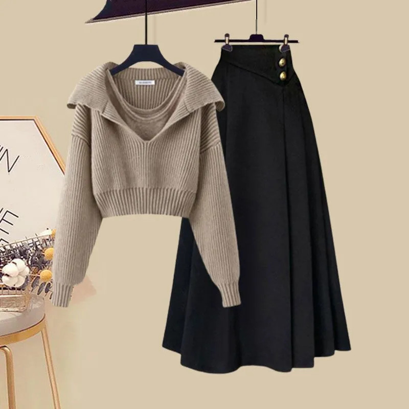 2024 AutumnWinter Korean Womens Set Fashion SweaterTank TopHigh Waist Skirt 3Piece Trendy 241129