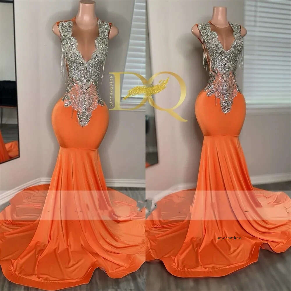 Fancy Orange Sier Rhinestone Prom 2024 For Blackgirls Tassels African Mermiad Birthday Party Dress Vestido 0431