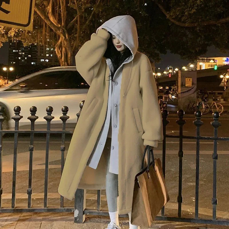 Chicautumnwinter Long Wool Jacket From Korea Versatile Loose Fit Fashionable Hooded Trendy Three Colors 241129