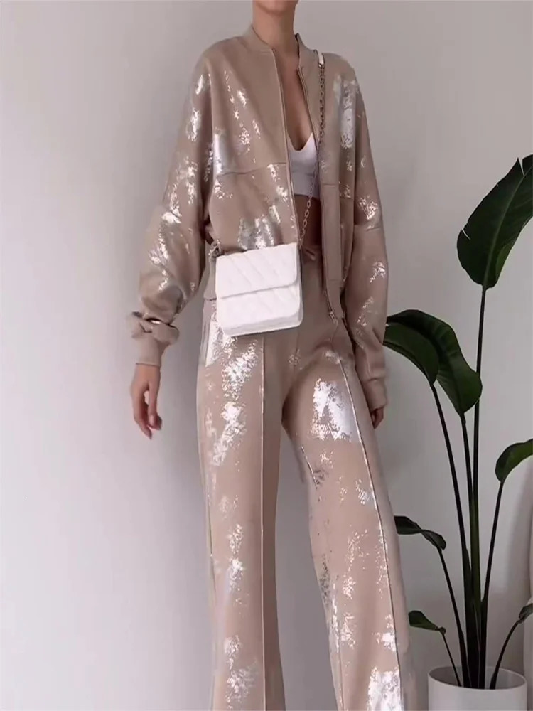 Sequined Zipper Women Coat Suit Long Sleeve Turndown Collar Lady Jacket Set 2024 Casual Sport Wide Leg Fashion Female Pant Sets 241129