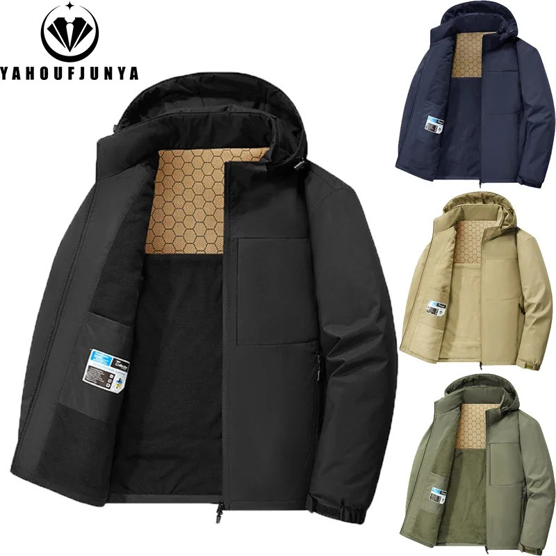 Winter Men Fleece Warm Outdoor Windproof Detachable Hooded Jacket Solid Zipper Waterproof Casual Fashion Male Coat 241129