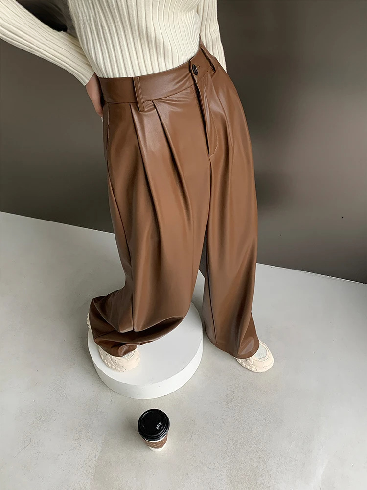 Lautaro Spring Autumn Loose Casual Wy Soft Black Brown Pu Leather Wide Leg Pants For Women High Waist Emo Korean Fashion