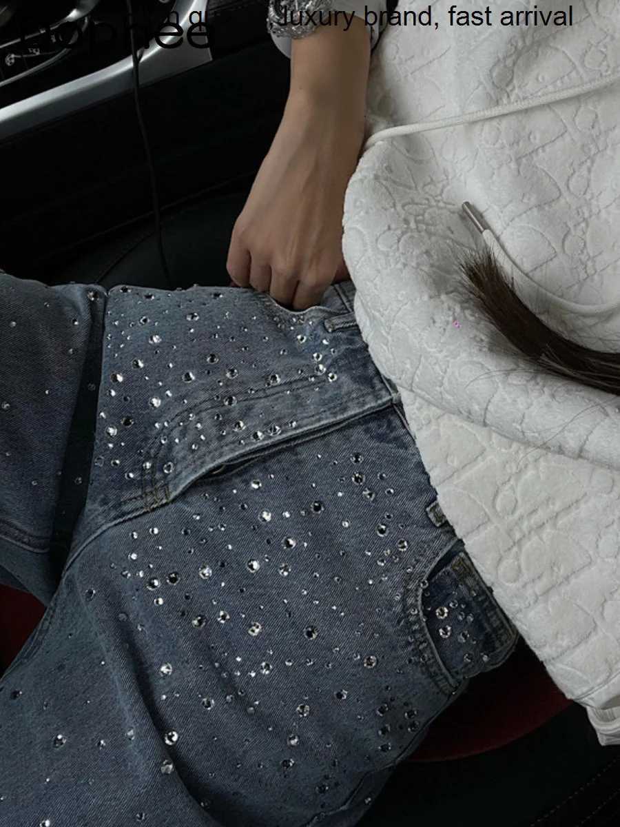 Women's Jeans Rhinestone High Body Waist Jeans for Women 2023 New Autumn Plants Female Straight Denim Pants Loose Weight Loss Pants H241130