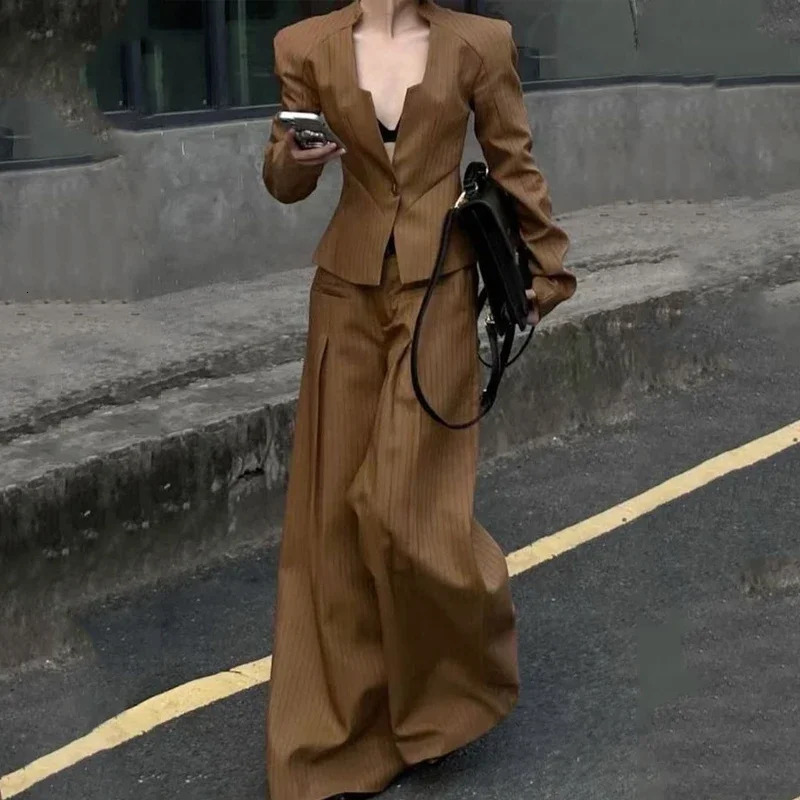 Gymystars Two Piece Trousers Set Striped Pants Blazer Outerwear VNeck Loose Buttoned SplitJoint Wide Leg Suit Famale Clothing 241129
